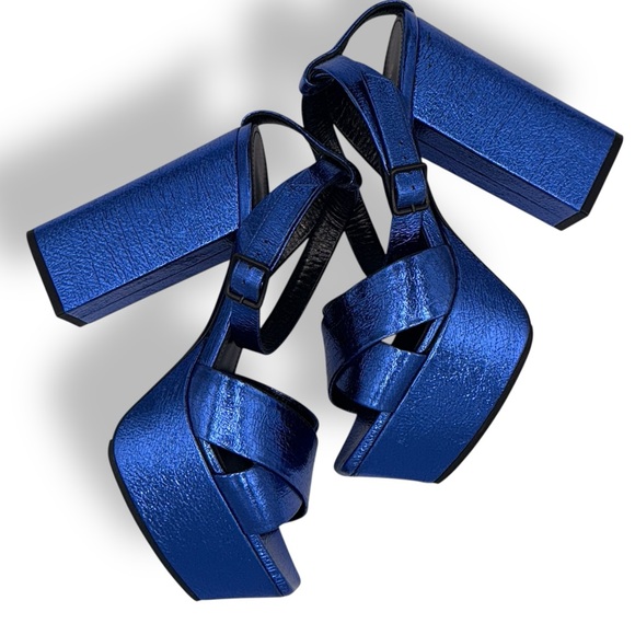 Saint Laurent Metallic Blue Platform Sandals (Size 37) - Picture 8 of 12